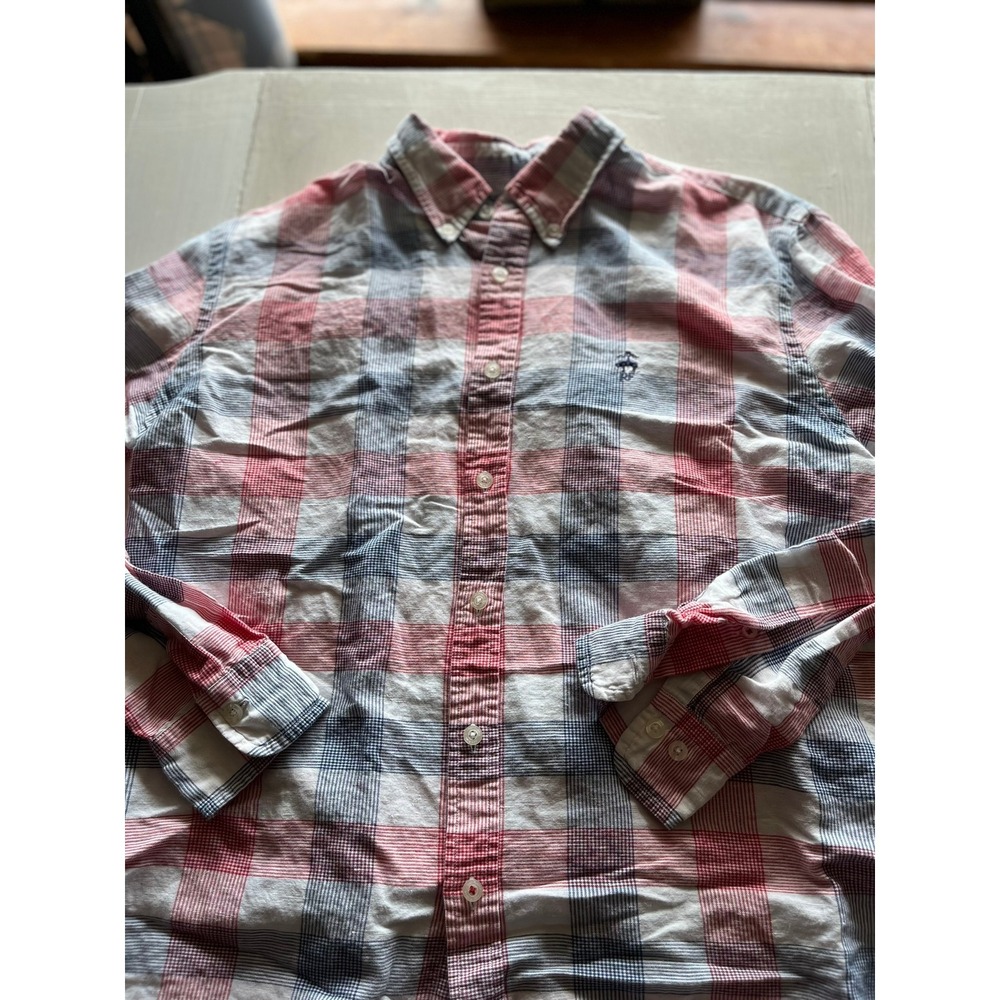 Brooks‎ Brothers Red Fleece Mens Large Plaid Button Down Shirt Red Navy White L